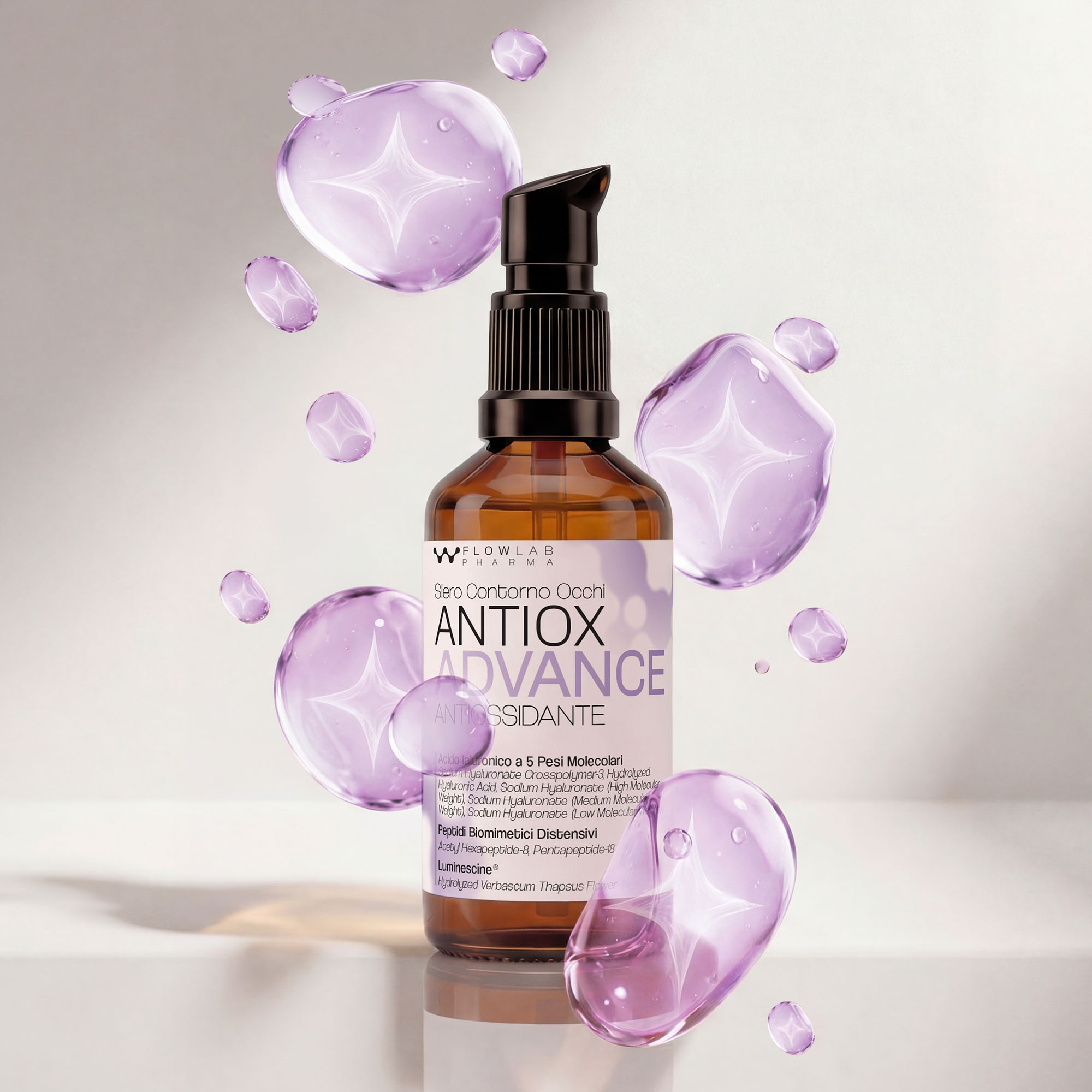 Packshot del siero contorno occhi ANTIOX ADVANCE con molecole viola